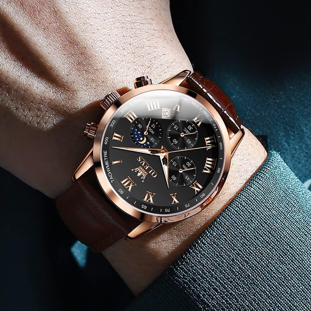 OLEVS Men's Waterproof Chronograph Watch Brown Leather Band Black Dial Roman Numerals Luminous Date Quartz