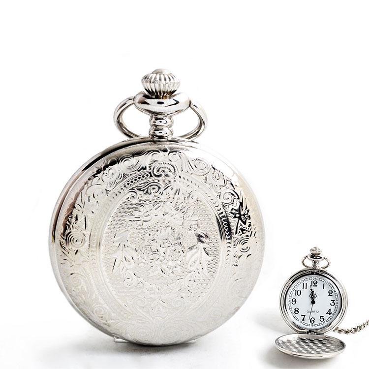 Silver Patterned Large Quartz Pocket Watch - Zinc Alloy