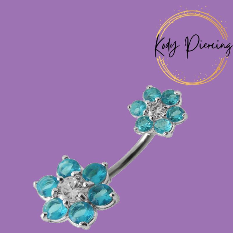 KODY PIERCING Серебряные украшения для пупка с двойным цветком 925 пробы - бирюзовый синий