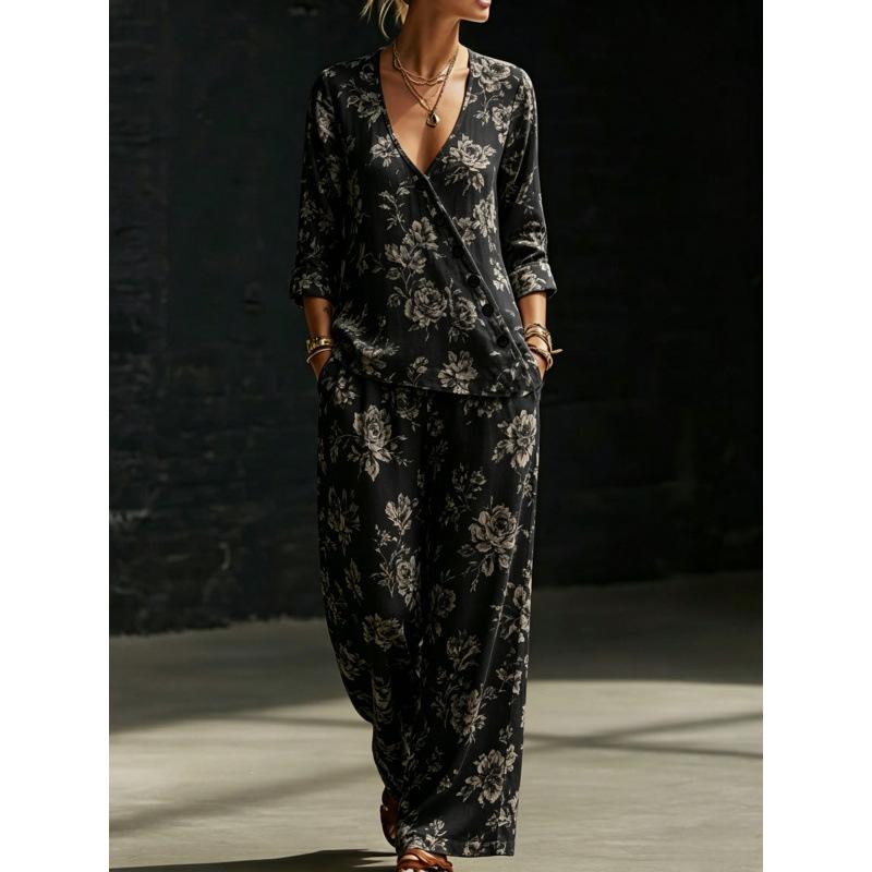 Summer new green bottom plant branches and leaves printing V-neck diagonal shirt wide-leg pants two-piece set women's casual cover