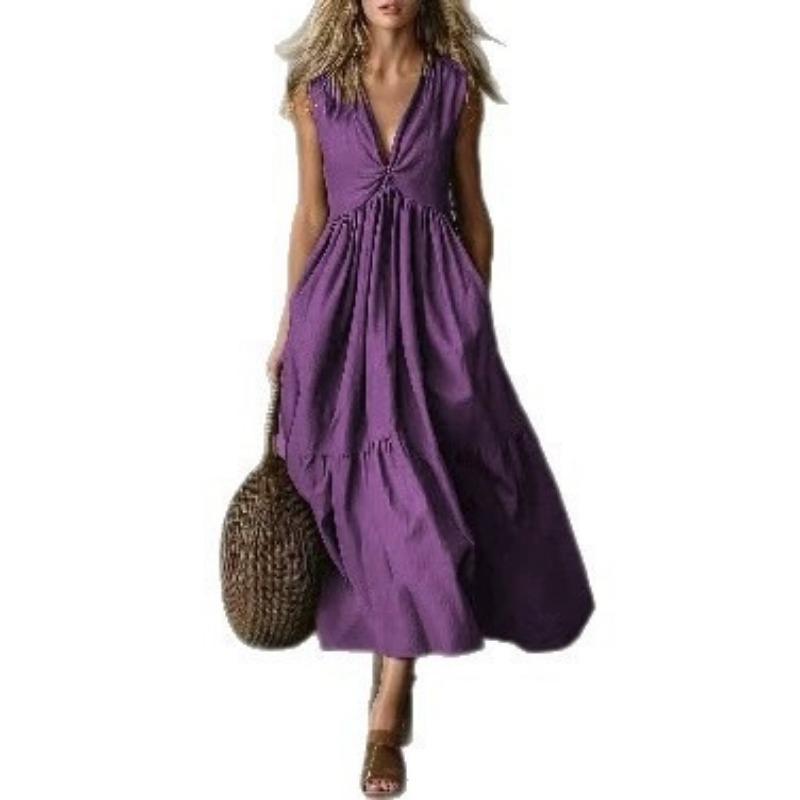 Women S Sleeveless V Neck Solid Color A Line Long Dress