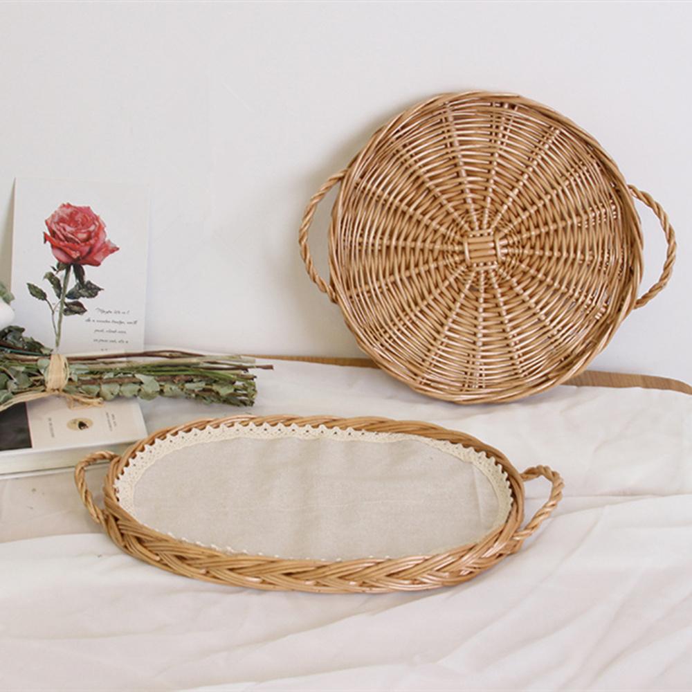 Плетеная вручную ротанговая тарелка для еды, кухонное хранилище, плетеная хлебница, блюдо для десерта/торта, поднос для сервировки ужина, круглые/эллиптические подносы для чая