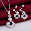925 Sterling Silver AAA Zircon Heart Necklace Earring Set Charm Gift Jewelry