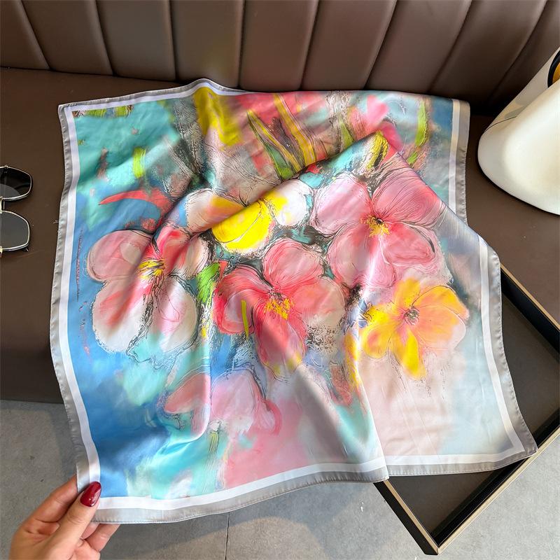 Flowering oil painting printing simulation silk scarf square scarf high-end shawl sunscreen neck small square scarf headscarf scarf women