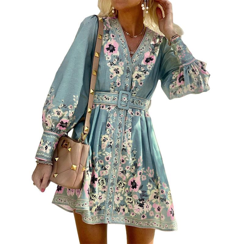 2025 Autumn New Style, Women's Wear, Long Sleeve, V-neck, Loose, Printed, Bohemian, Dress, Retro Flower Pattern