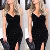 Women's Hot Gold Dress Sexy Slit High Waist Dress Dress Halter V-neck Dress