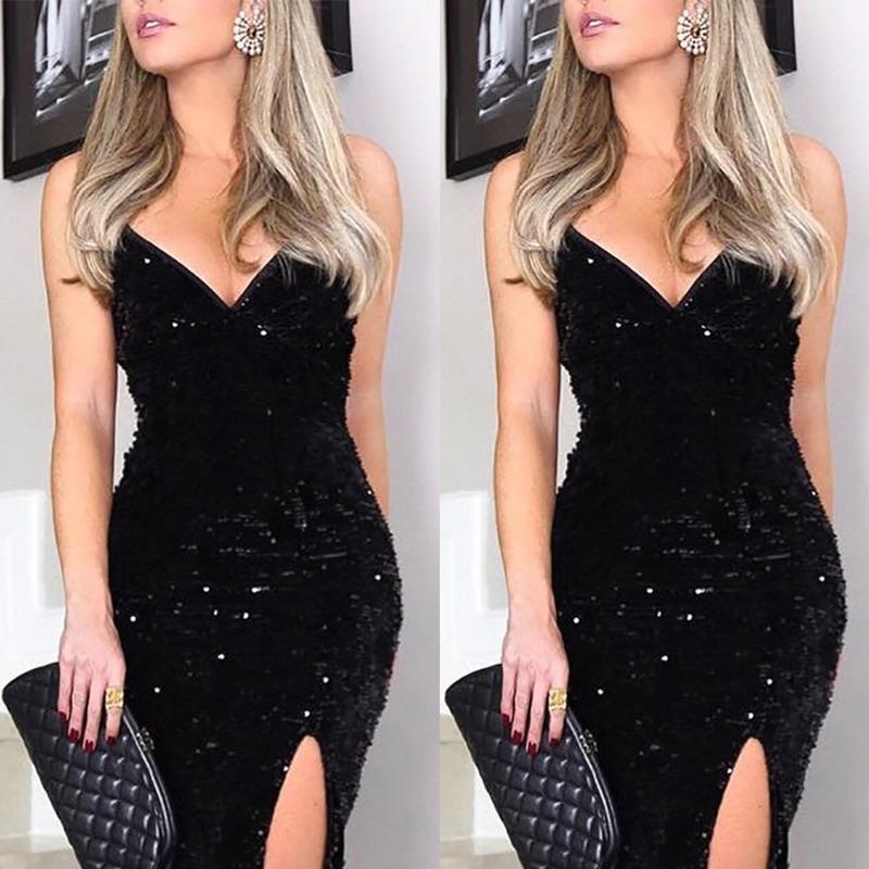 Women's Hot Gold Dress Sexy Slit High Waist Dress Dress Halter V-neck Dress