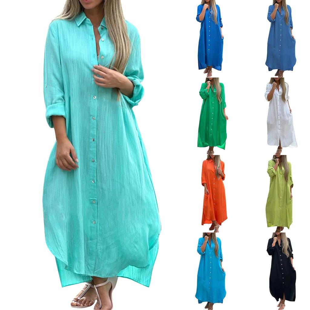 Женское модное повседневное платье-кардиган из хлопка и льна с длинными рукавами