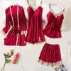 Women's Silk Five-Piece Pajama Set: Spring/Autumn Nightdress & Robe with Chest Pad