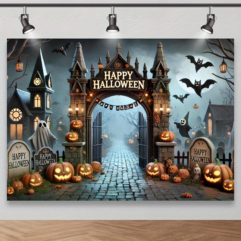 Mysterious Halloween photography background with Gothic castle pumpkin lanterns and bat haunted house