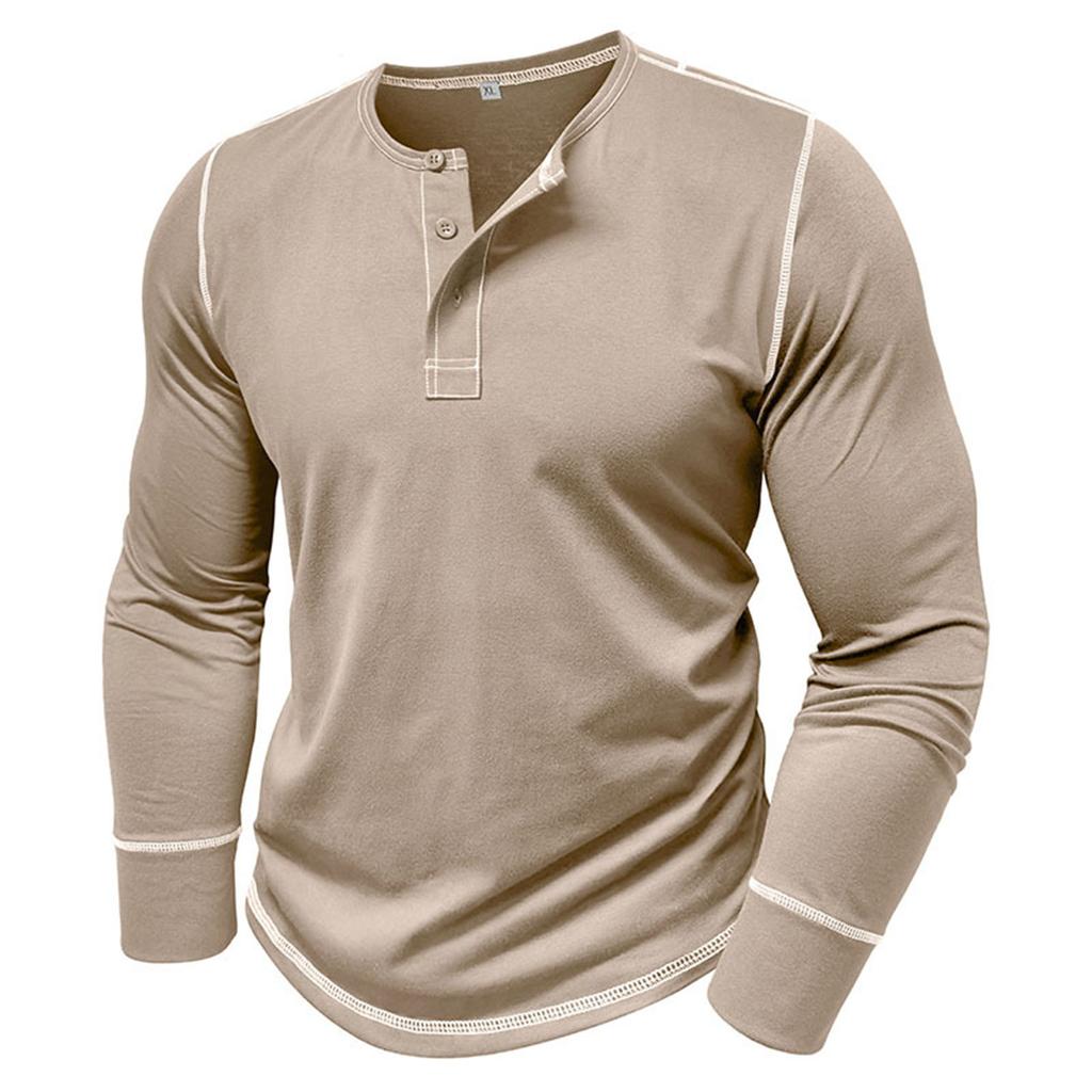 Men's Long Sleeve Shirt Men's Round Neck Button T-Shirt Color Block Top