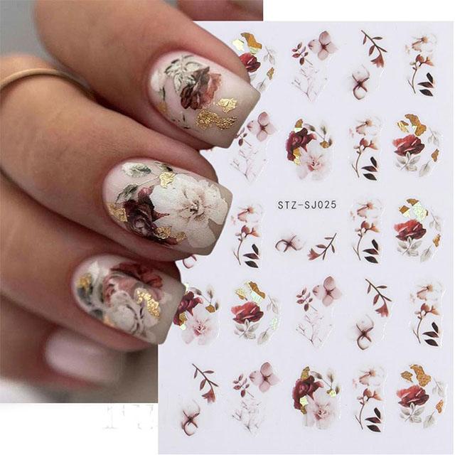 3D Fall Nail Stickers Gold Leaf Cotton Flowers Transfer Decals Nail Adhesive Sliders Manicure 2023 Autumn Decorations TRSTZ-SJ