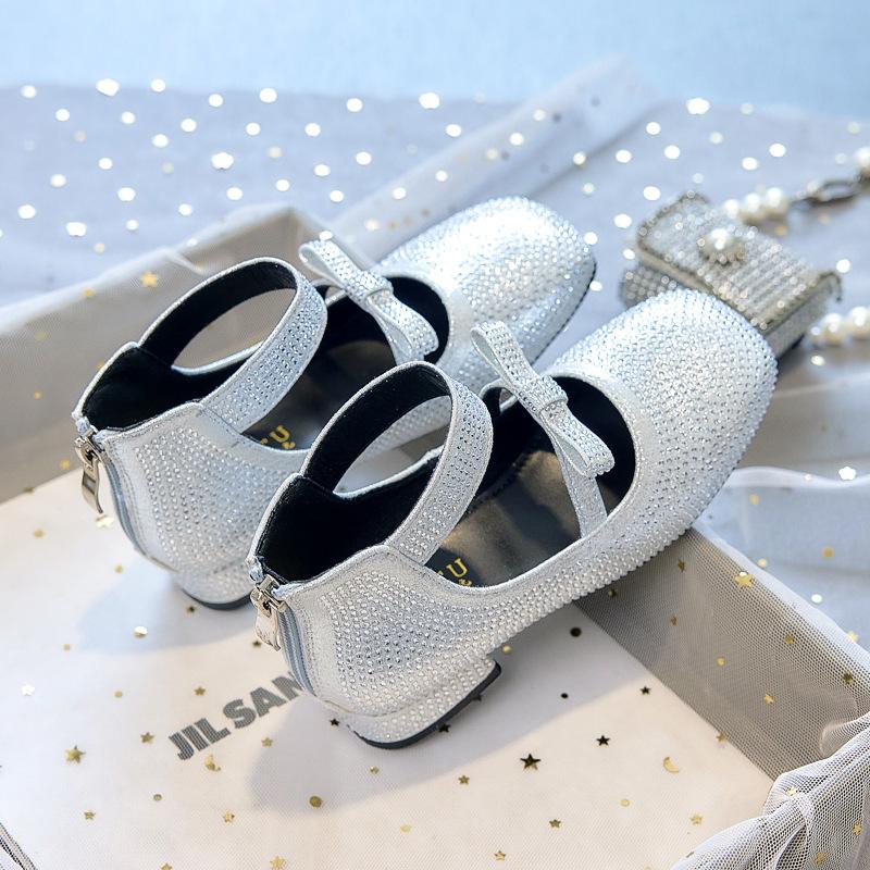 High-heeled girls' princess shoes for spring and autumn2026New style little girl's leather shoes with dress, soft-soled children's crystal shoes