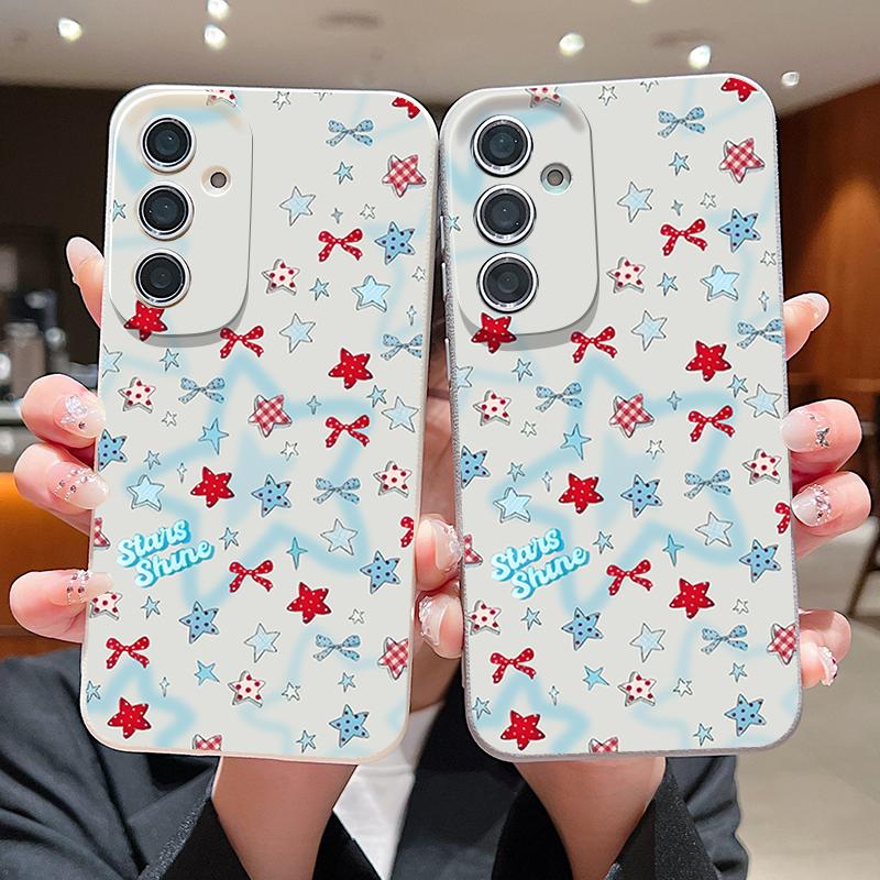 Чехол со звездочками и бантами для Samsung Galaxy A57 A37 A17 A56 A36 A26 A16 A55 A35 A15 A54 A34 A14 5G Силиконовый чехол с текстурой кожи