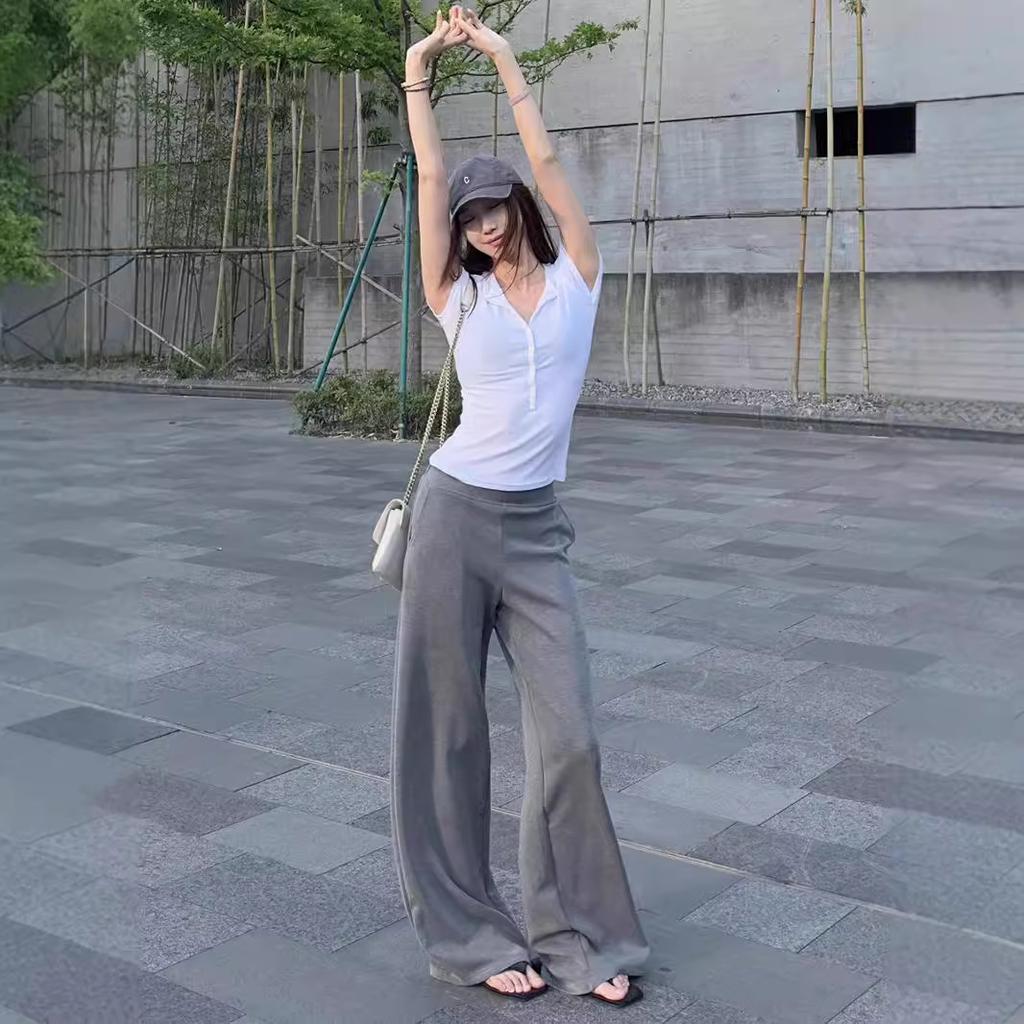 Повседневные брюки в стиле ретро серого цвета для женщин. Осень. Новые американские спортивные брюки с высокой талией. Свободные и утягивающие брюки в пол.