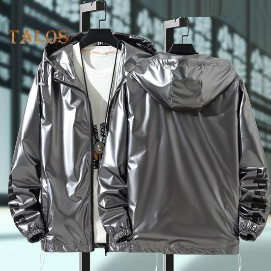 Men Shiny Glossy Coat Hooded Long Sleeve Teenager Coat with Adjustable Drawstrings Cuffed Sleeves Bright Surface Jacket
