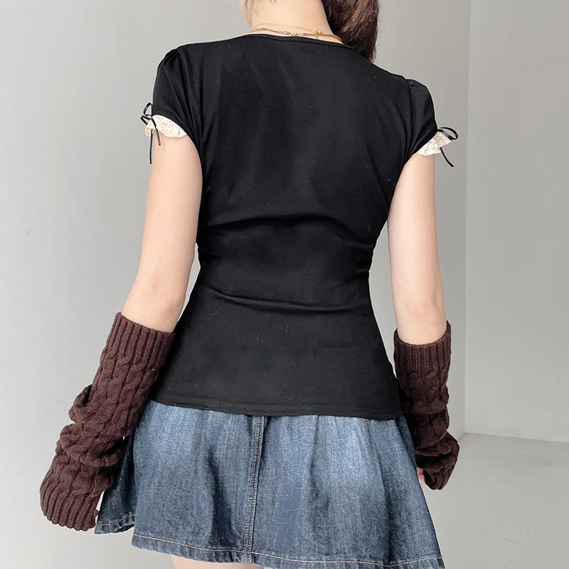 Summer Women T-Shirt Lace Square Collar Short Sleeve Bow Decoration Short Tops