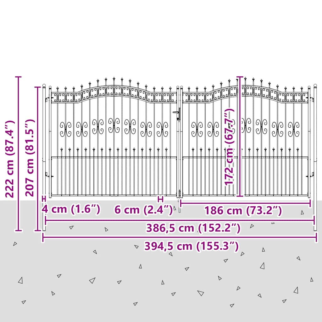Garden Gate KAMPEN with Spear Tip Black 394.5 x 172 cm Steel