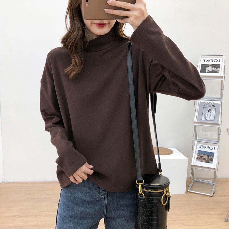 Women's Fashion Semi-High Neck Mid-Length Loose Long Sleeve Top - Autumn Base Layer T-Shirt