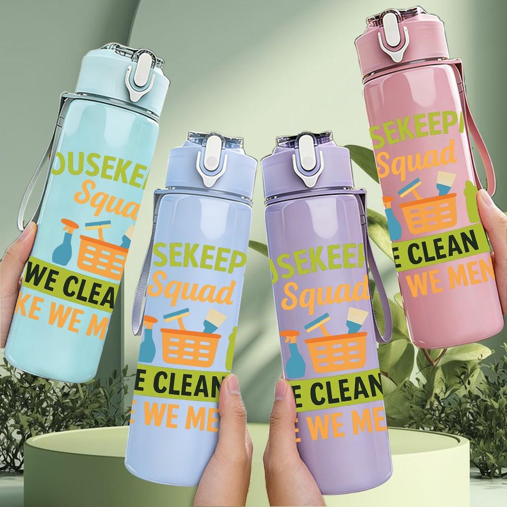 1PC Housekeeping Squad Service Text 750ml Color Plastic Sports Water Bottle Leakproof Flip Straw Lid Suitable for Sports Office Home Use