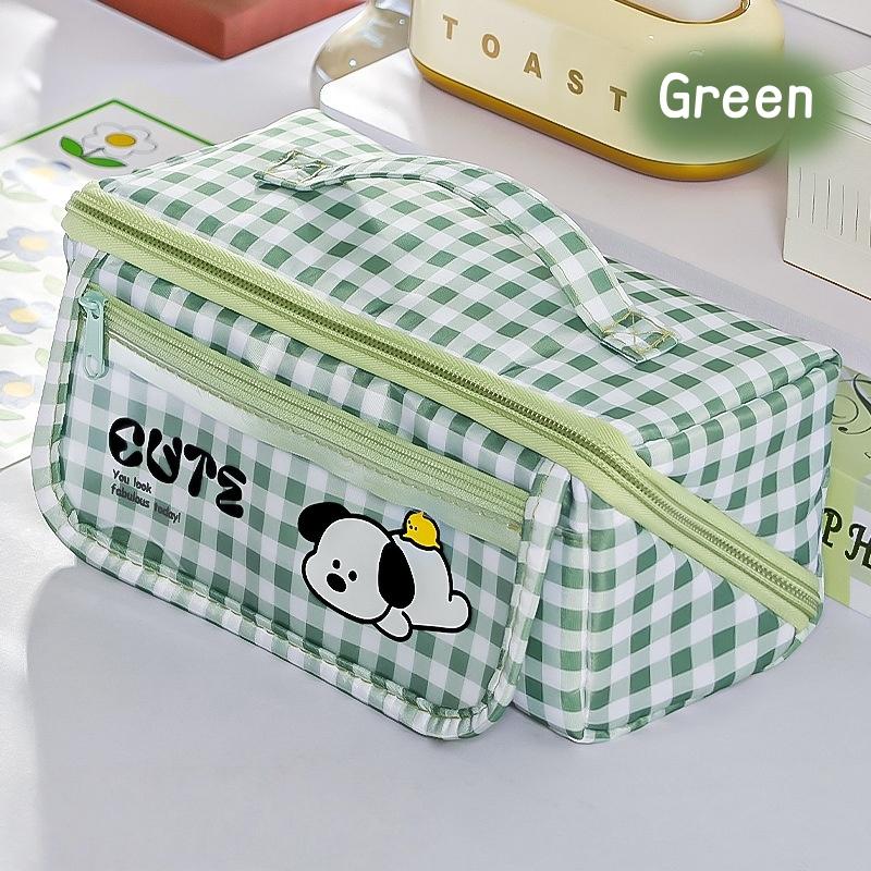 Cute Plaid Puppy Large Capacity Pencil Case Multi-Function Cartoon Stationery Bag with Prism Design Stain Resistant