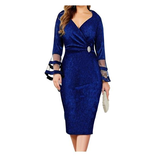 Women Party Dress Mesh Patchwork Low-cut V Neck Knee Length Slim Fit Sheath Long Flared Sleeve Solid Color Tight Waist Lady Prom Banquet Dress