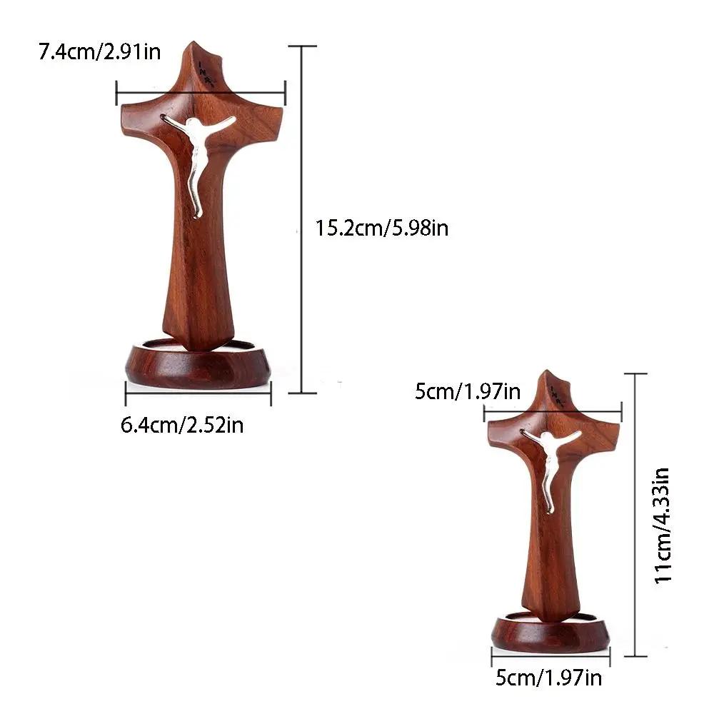 Art Wooden Hollow Detachable Standing Cross Vintage Crucifix Sculpture Religious Ornament with Base for Desktop