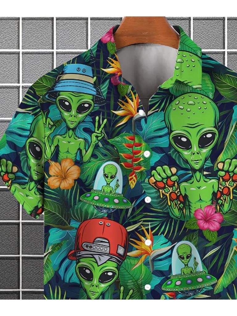 Men's Casual Short - Sleeve Shirt with Alien Pattern Print, Made of Polyester, Color: Mixed Color, Size: Multiple Specifications Available