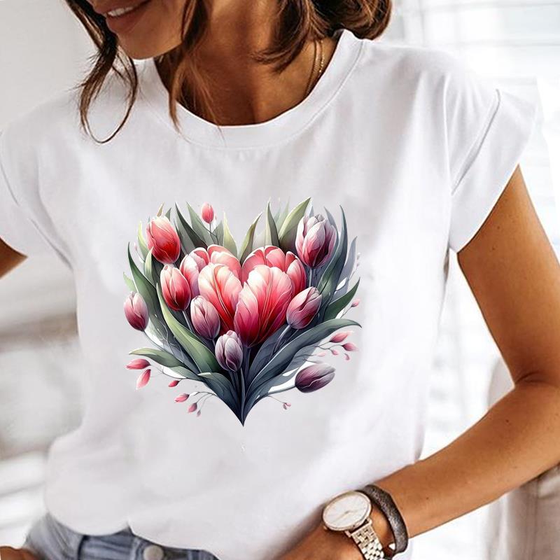 (Азиатский размер) Любовь Сердце Цветочный Цветок Женская Повседневная Верхняя Одежда Модный Принт Женская Футболка С Коротким Рукавом Футболка Графические Футболки