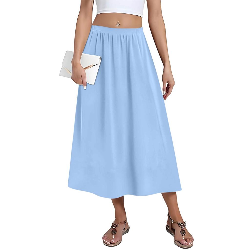Women's Casual Fashion Solid Colour Big Hem Skirt Elasticated Loose Pockets Pleated Half-body Skirt (With Side Pockets)