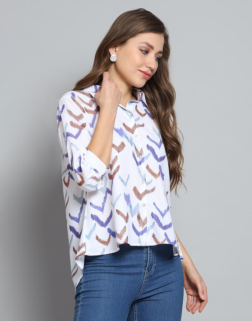 MONTE CARLO Женский топ с принтом, цвета слоновой кости, с воротником-стойкой и рукавами 3/4