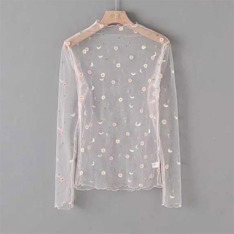 Women T Shirt See Through Transparent Mesh Tops Long Sleeve Sheer Turtleneck