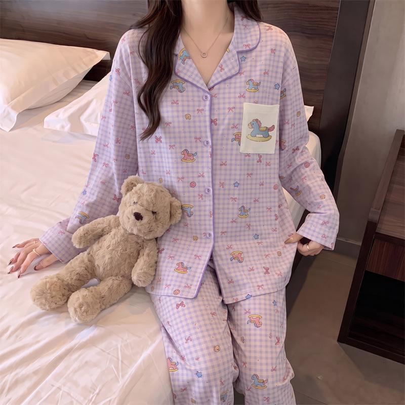 Dream purple cute plaid pure cotton pajamas women's spring and autumn new cartoon girl long-sleeved loungewear set