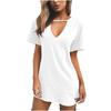 Fashion Women Casual Short Sleeve V-Neck Solid Ladies Hollow Out Mini Dress