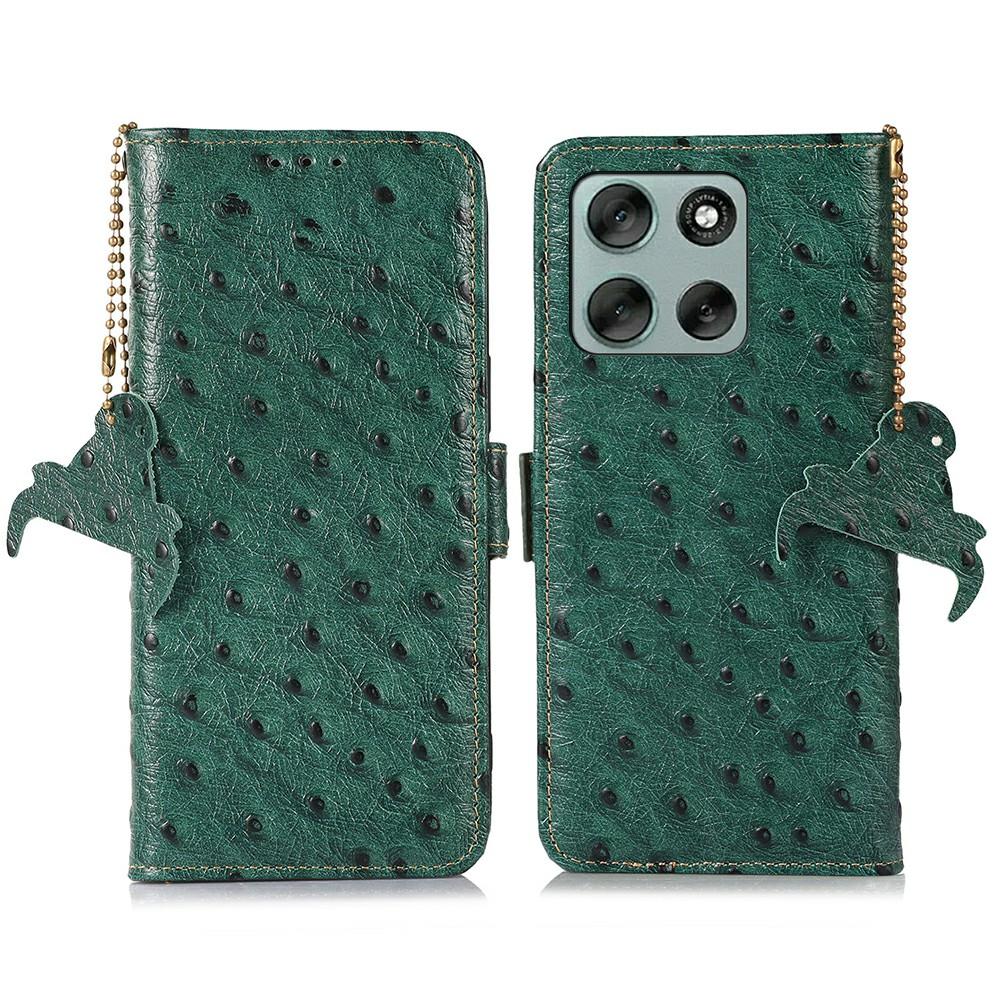 For Motorola Moto G56 5G Case RFID Blocking Genuine Cow Leather Phone Case Ostrich Texture