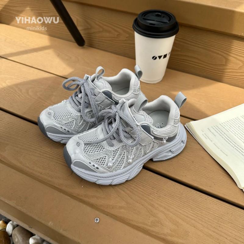 Youth style shoes Girls Sparkly Dad Sneakers Breathable Mesh Soft Sole Casual Shoes School Wear