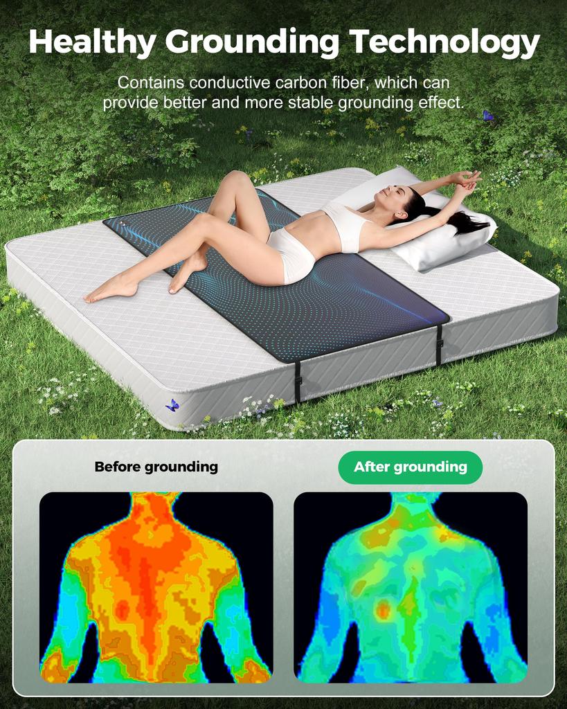 Grounding Mat for Bed, Earth Connected Sheets with Grounding Cord & Tester (Black, Queen)