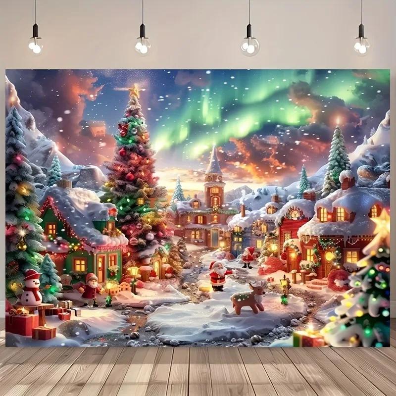 Фоновая ткань для украшения рождественской вечеринки, рождественский городок, Аврора, снежная сцена, гобелен, подходящий для украшения дома на открытом воздухе