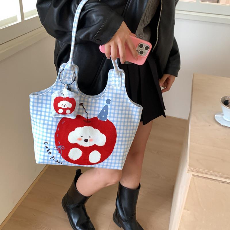 Cute Apple Dog Handheld Canvas Bag With Zipper Closure For Daily Office Use