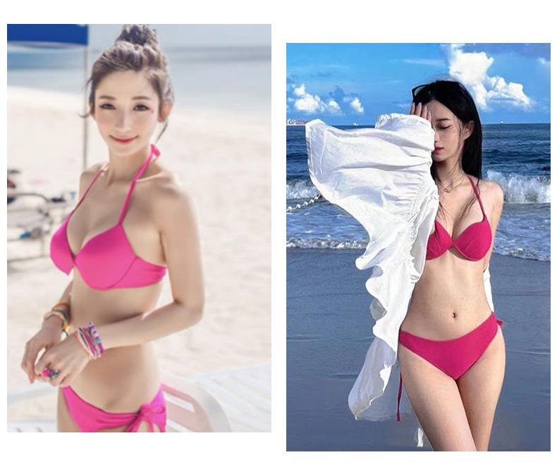 Розово-красный купальник-бикини из трех частей с косточками для маленькой груди