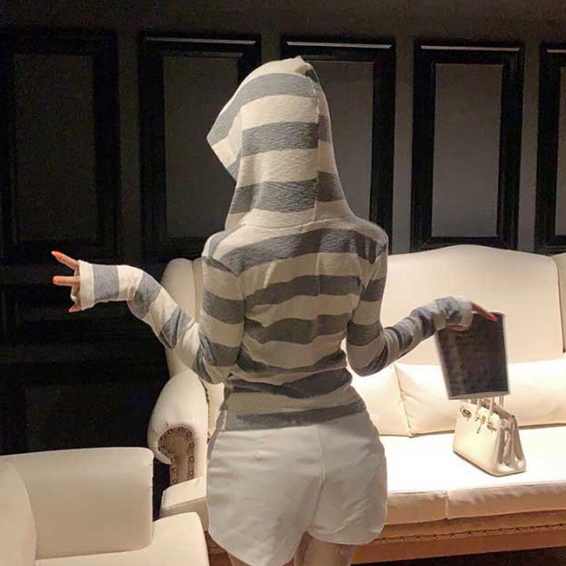 Корейский тонкий полосатый кардиган с капюшоном - Повседневный и универсальный стиль