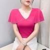 New European Women's T-Shirt Clothes Sexy V-Neck Chic Ruffles Hot Diamonds Tops Shirts Summer Short Sleeve Slim Mesh Tees