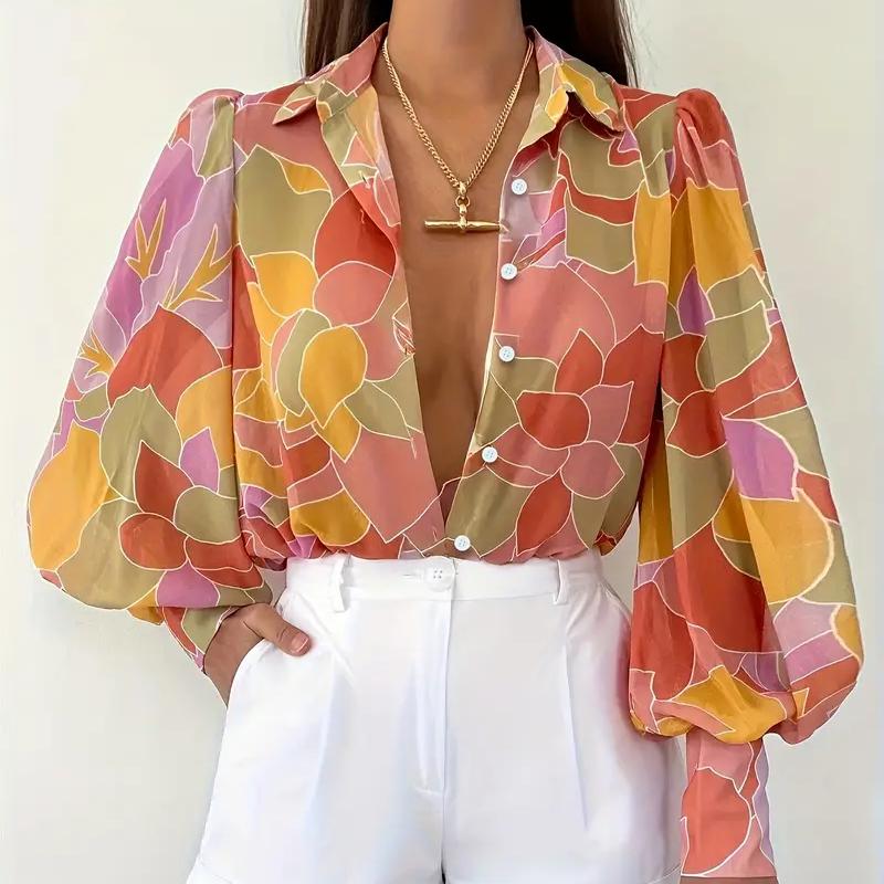 Women's Casual Printed Puff Sleeve Blouse, Polyester and Elastane Blend Lapel Collar - Spring/Fall Fashion Top, Casual Wear Blouse Vibrant Print Top