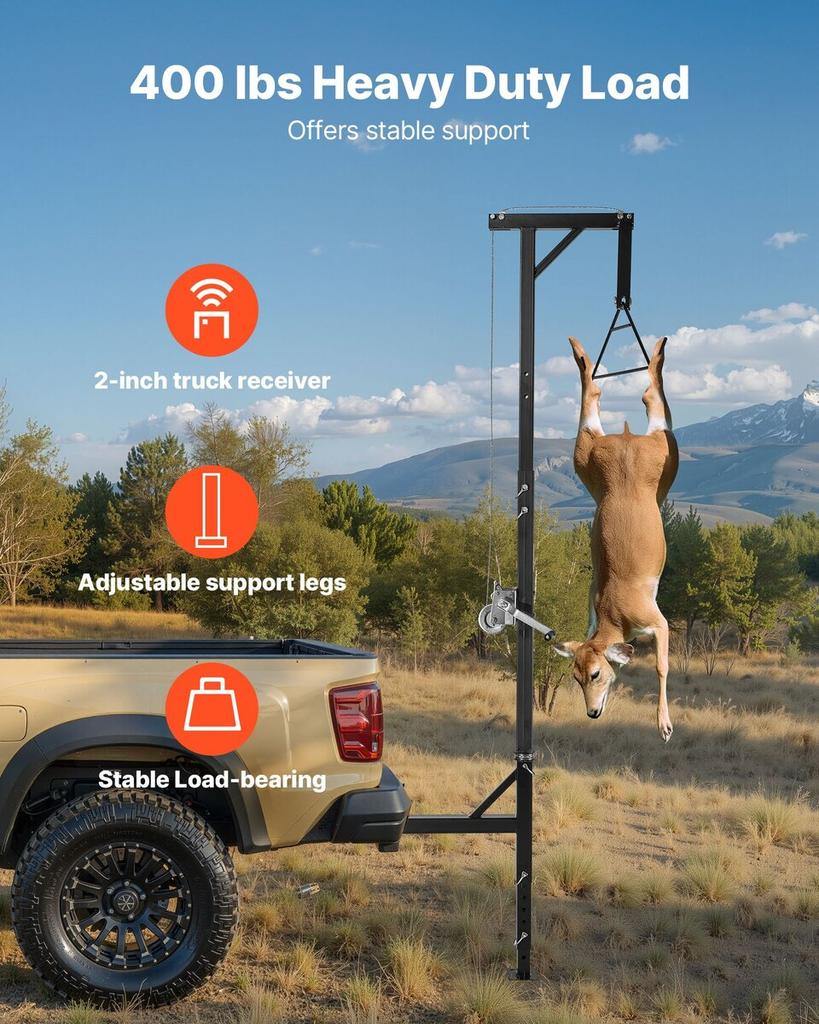 Truck Hitch Game Hoist, 400 lbs Load Capacity, Hunting Deer Hoist with 2-inch Receiver, 360-Degree Swivel Shaft & Adjustable Height, Includes Gambrel