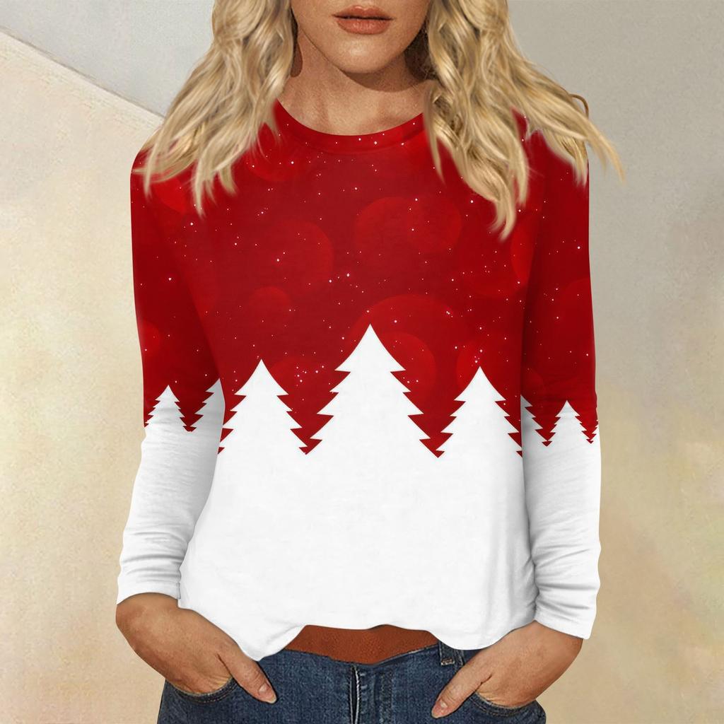 Рубашки с длинным рукавом для женщин, милые футболки с принтом на Рождество, блузки, повседневные топы больших размеров, пуловеры