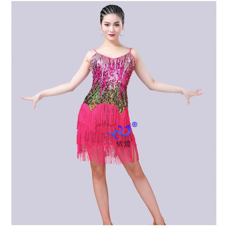 Latin Dance Dress Sequined Fringe Stage Performance Costume Women