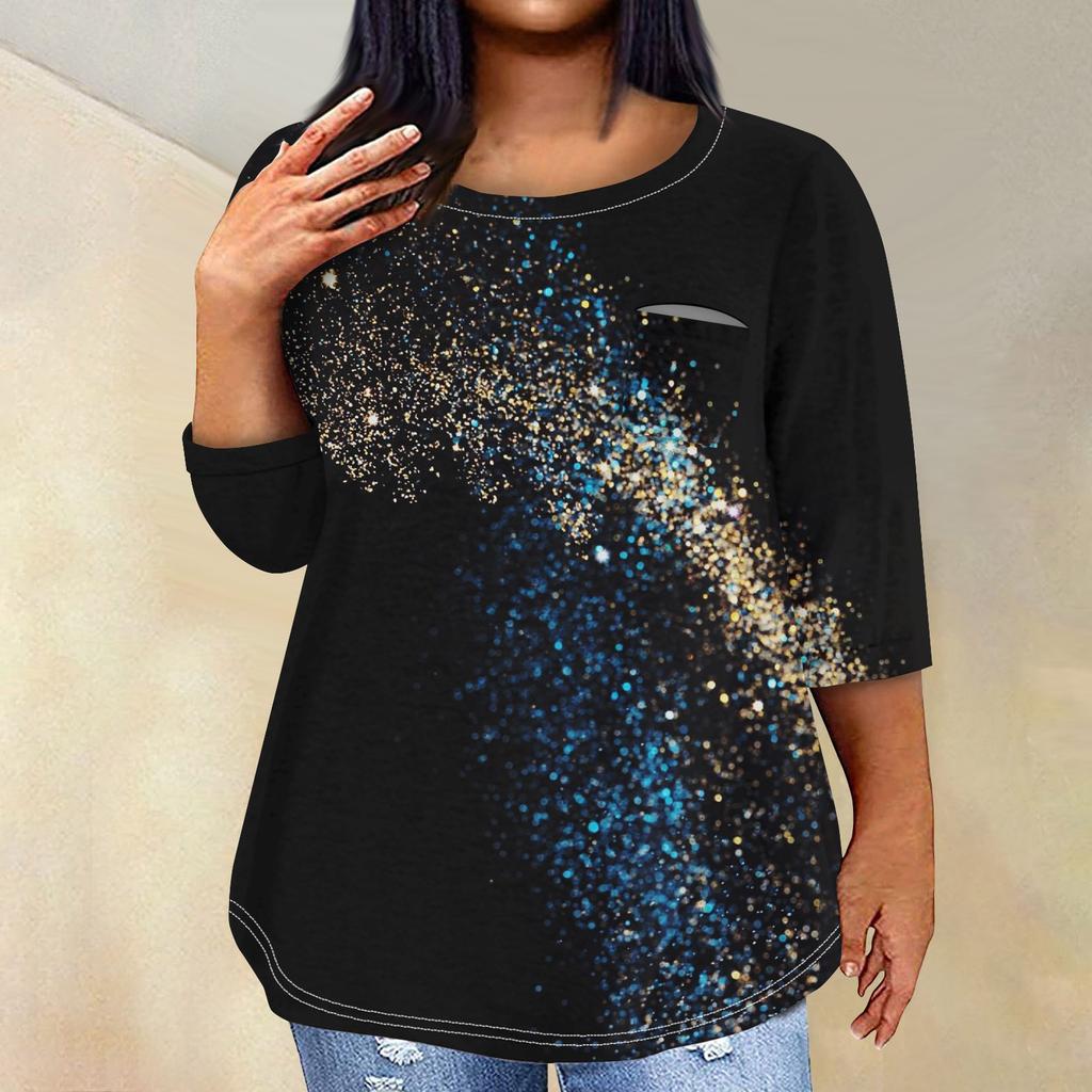 Женский модный повседневный пуловер с круглым вырезом и рукавом три четверти с принтом, топ с рукавами 4/3