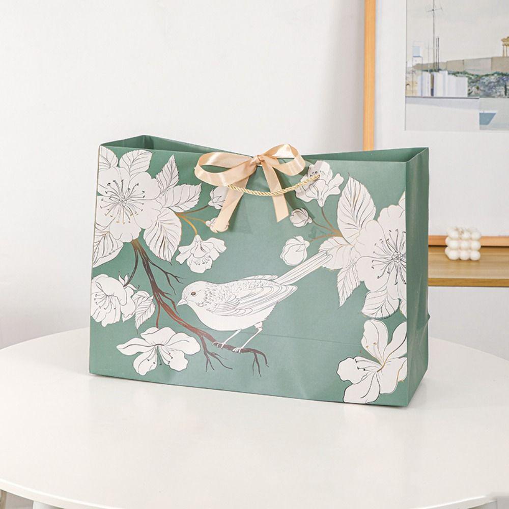 Green Printing Floral Bird with Ribbon Shopping Bag Creative Packaging Bag  Shopping
