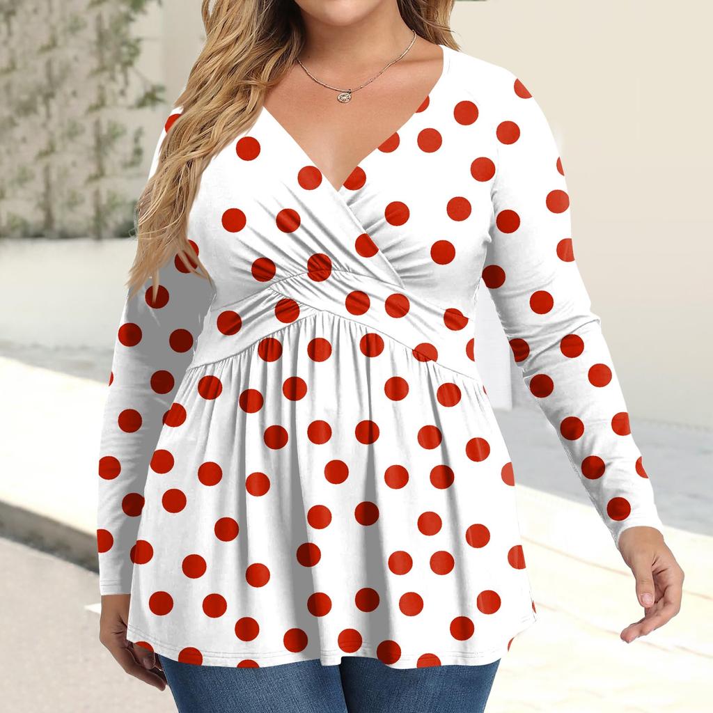 Женская рубашка большого размера с длинным рукавом, принт, плиссированный повседневный топ с V-образным вырезом