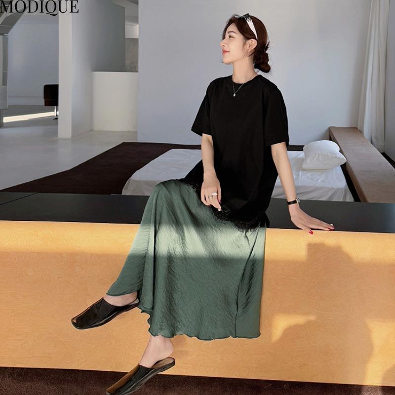 MODIQUE Summer Plus Size New Women Loose Elegant Printing Lace Pleated Patchwork Long Dress Female Casual Short Sleeve O-Neck Dresses